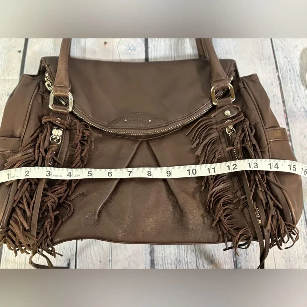 VINTAGE Botkier Chocolate Leather Morgan Boho Fringed Rocker Y2K Satchel Purse